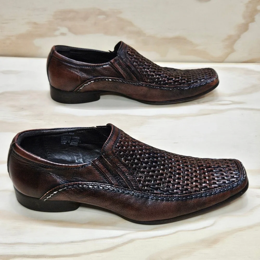 Kenneth Cole Reaction Note Able Mens Brown Woven Leather Slip On Loafers 10M